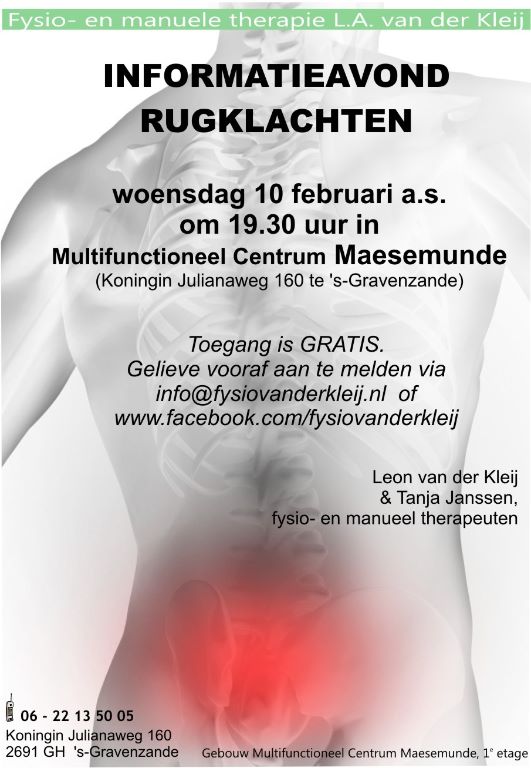 Gratis informatieavond rugklachten 10 februari a.s. om 19.30 uur