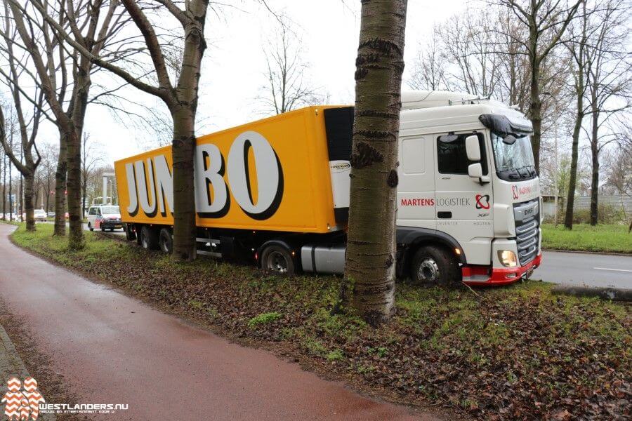 Vrachtwagen in de slip door overstekende vos